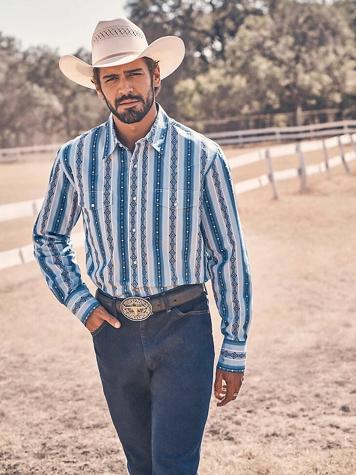 chemise western à manches longues checotah pour homme imprimée bleu rivière