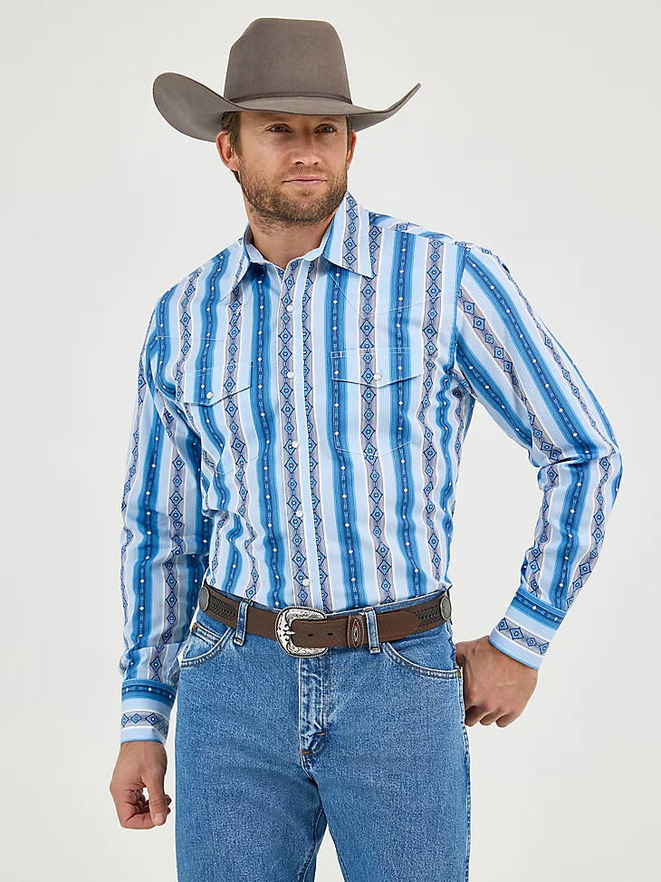 chemise western à manches longues checotah pour homme imprimée bleu rivière
