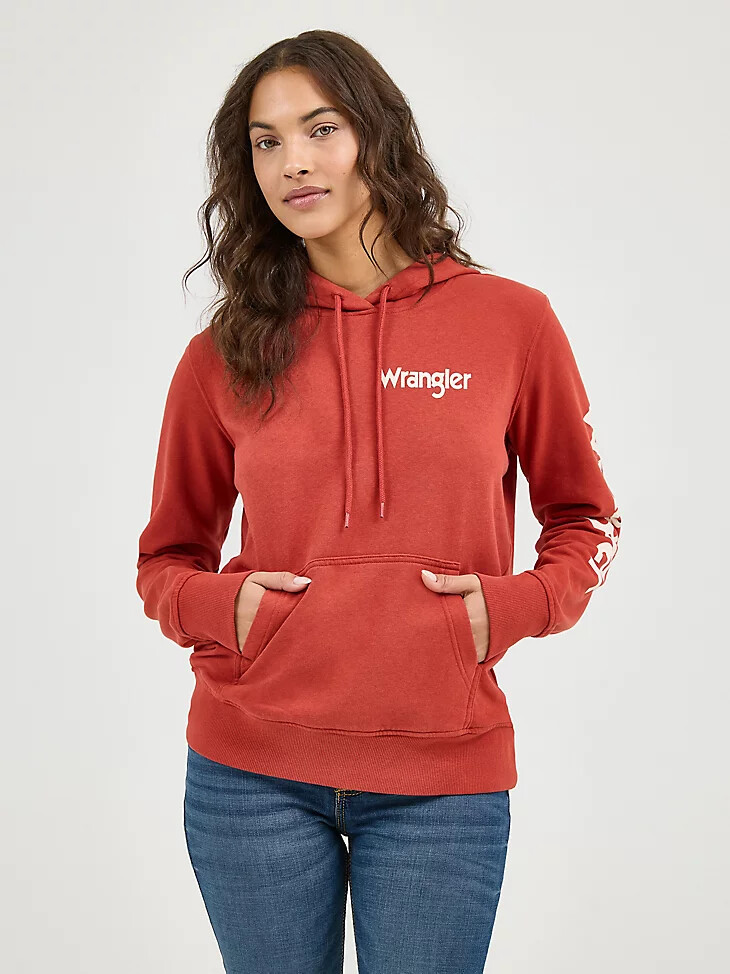 sweat à capuche wrangler retro pour femme logo sur les manches couleur rouille