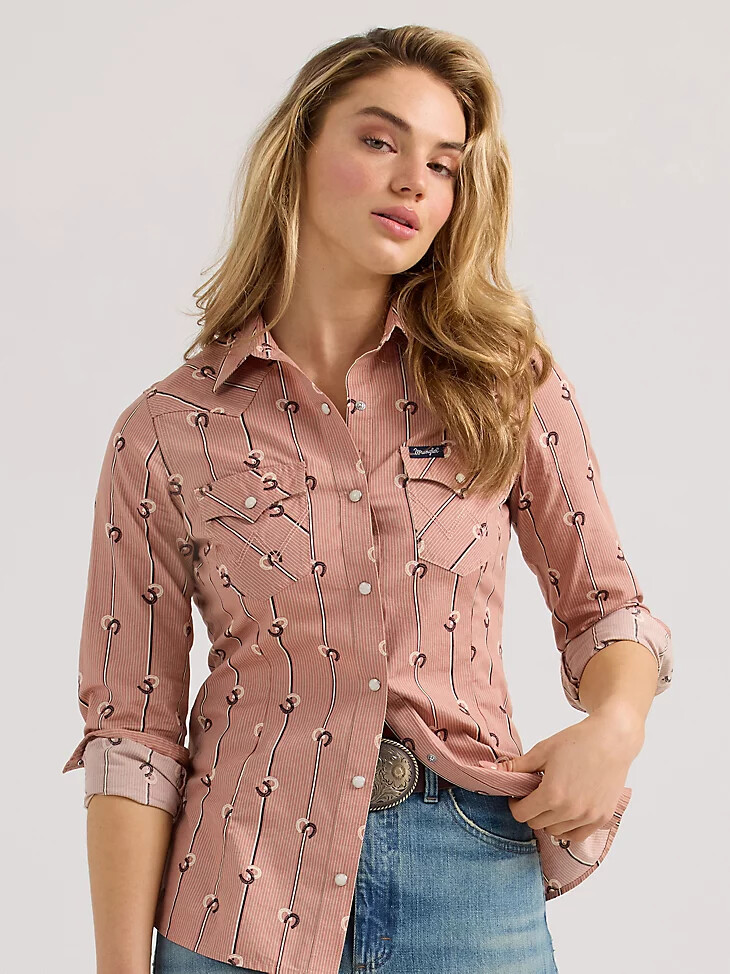 chemise western slim rayée wrangler retro pour femme rose poudré