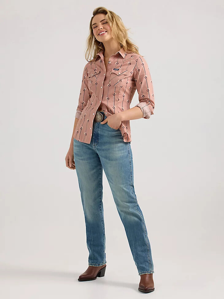 chemise western slim rayée wrangler retro pour femme rose poudré