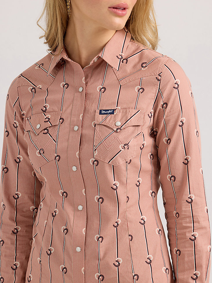 chemise western slim rayée wrangler retro pour femme rose poudré