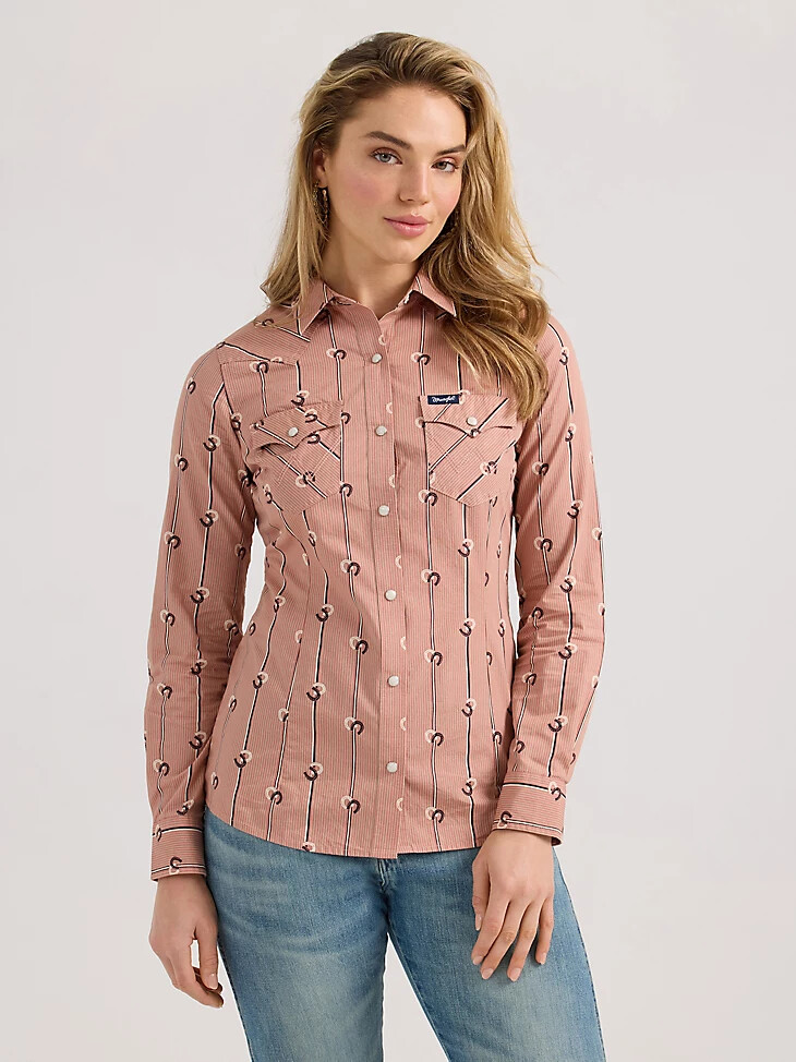 chemise western slim rayée wrangler retro pour femme rose poudré