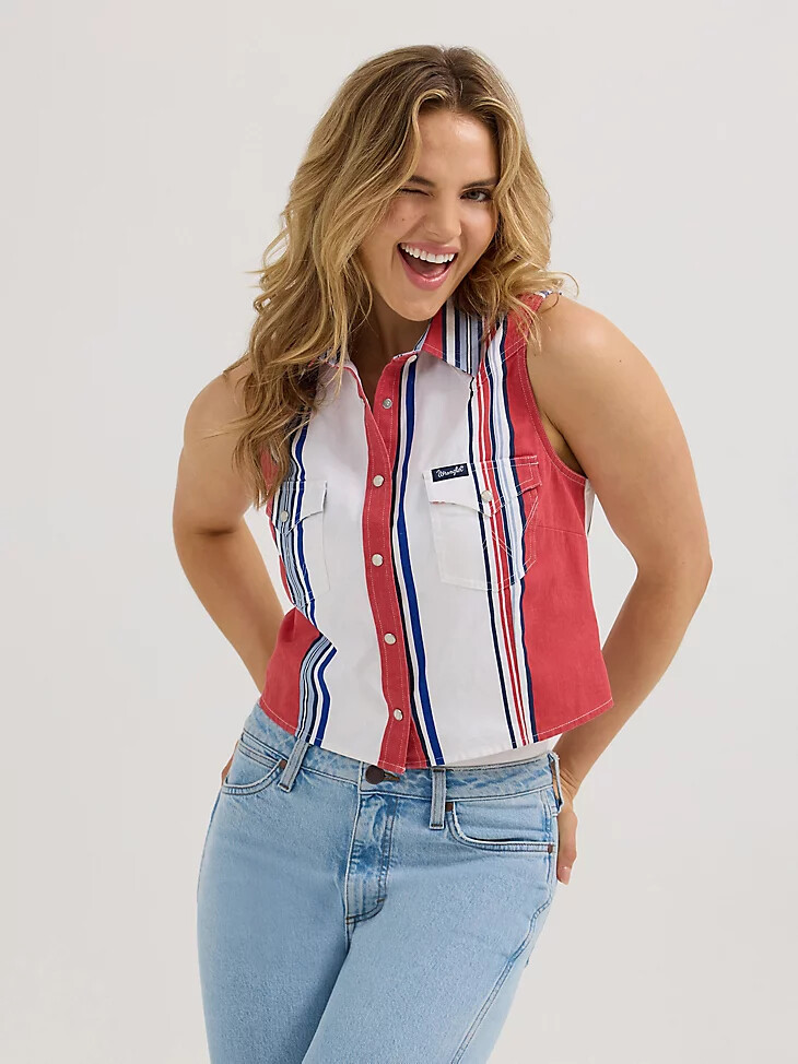 débardeur court à rayures wrangler brushpopper pour femme coupe slim rougeblancbleu