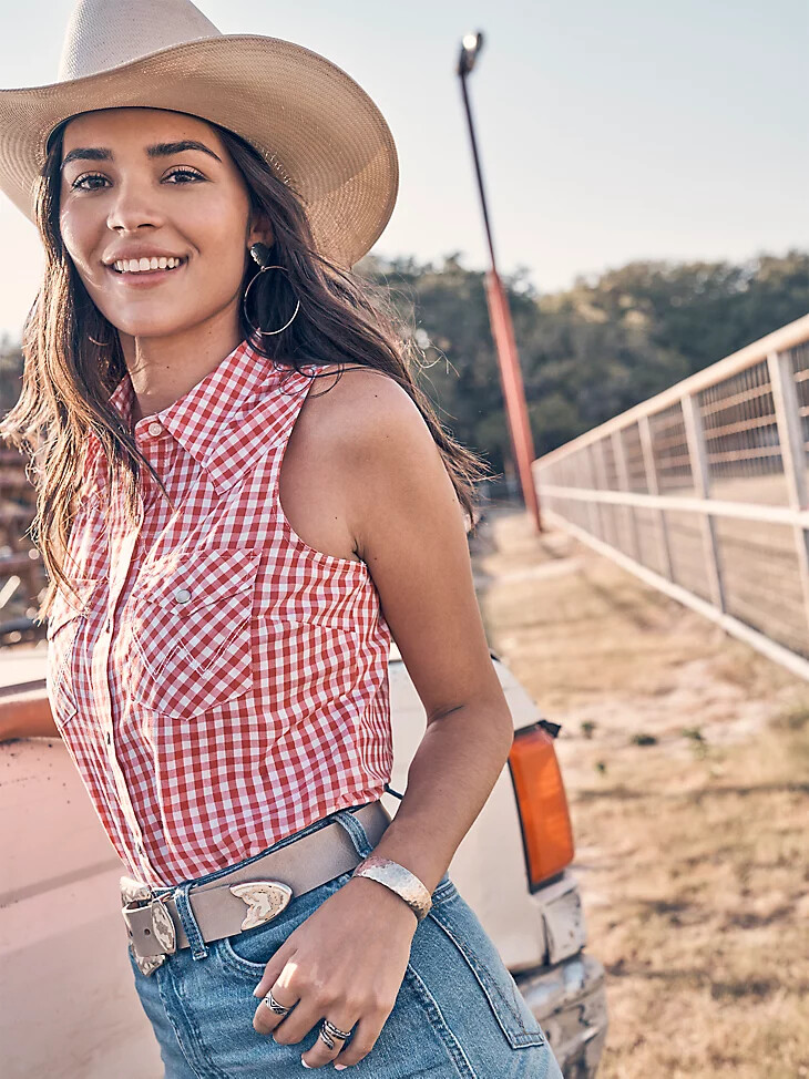 débardeur à boutons-pression essential western pour femme à carreaux rouges