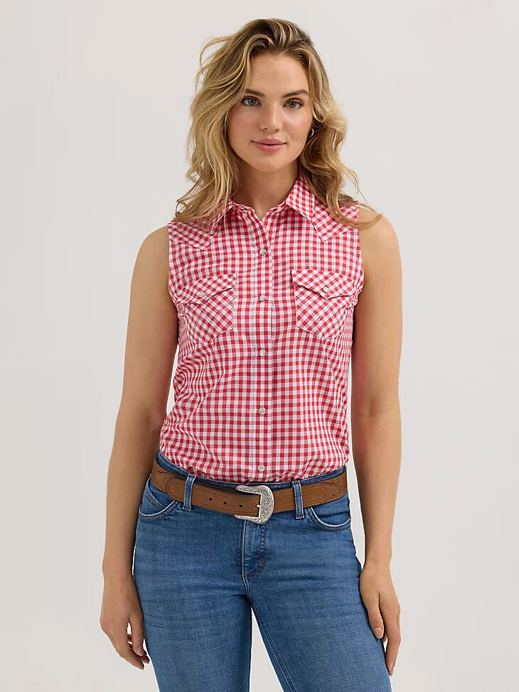débardeur à boutons-pression essential western pour femme à carreaux rouges