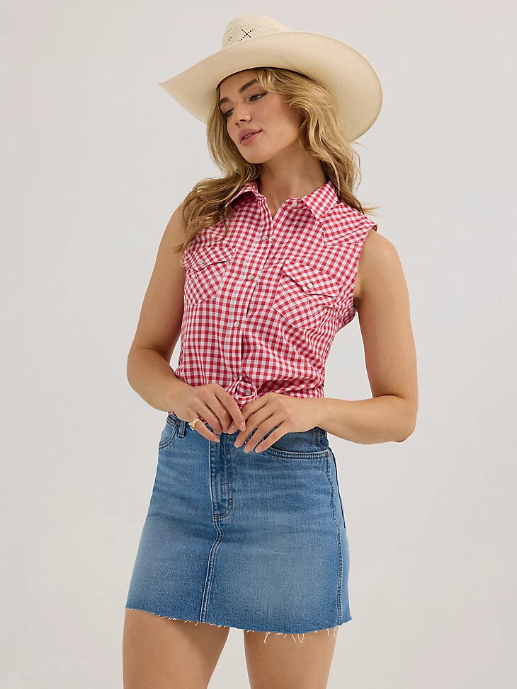 débardeur à boutons-pression essential western pour femme à carreaux rouges