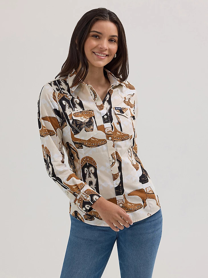 chemise western slim à boutons-pression pour femme imprimé bottes