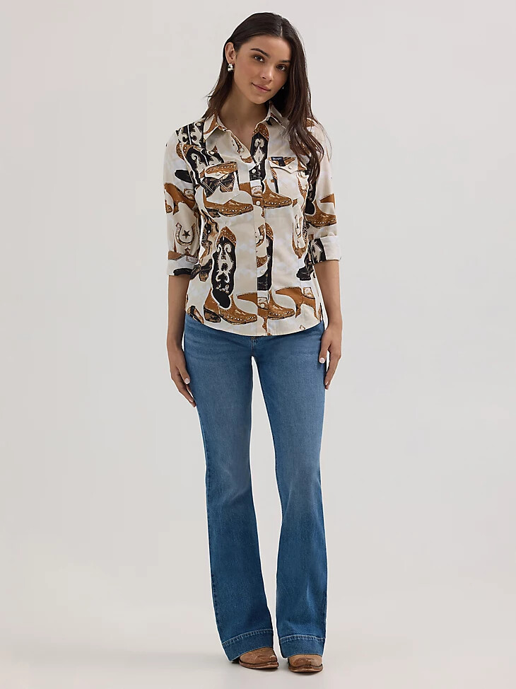chemise western slim à boutons-pression pour femme imprimé bottes