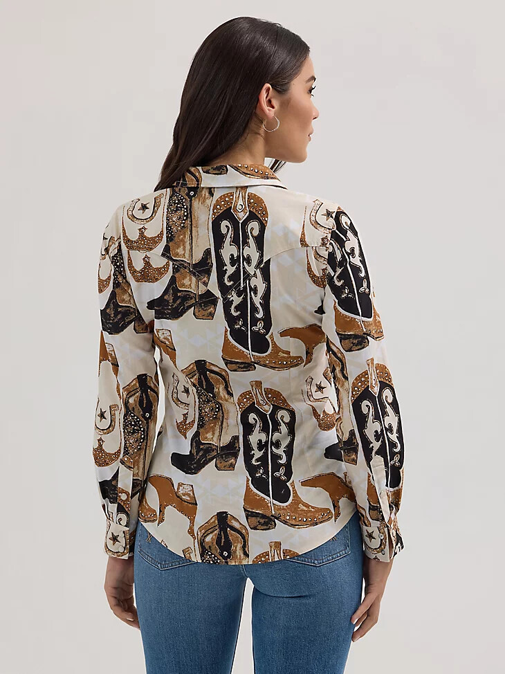 chemise western slim à boutons-pression pour femme imprimé bottes