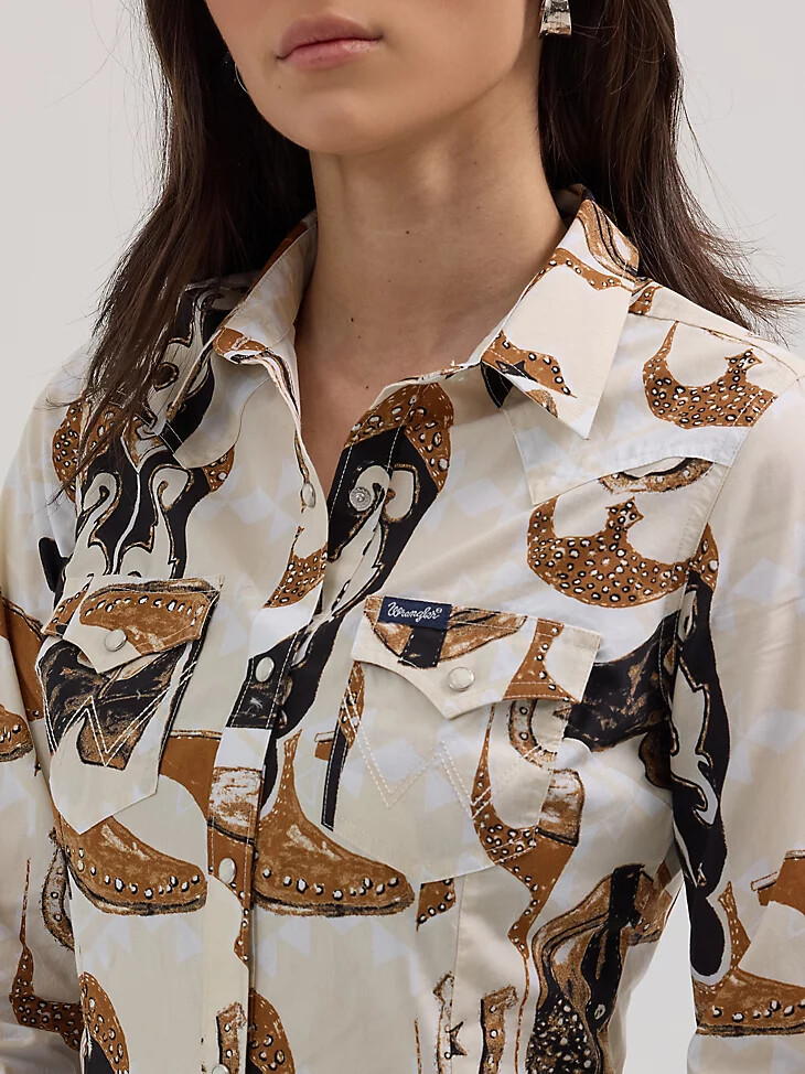 chemise western slim à boutons-pression pour femme imprimé bottes