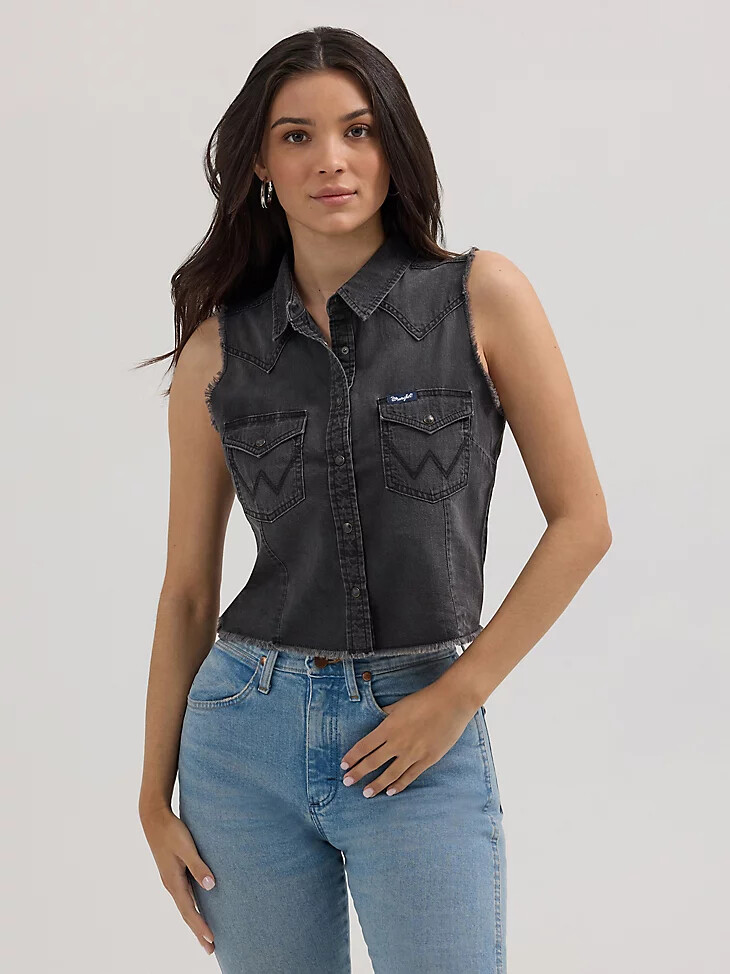 débardeur court en denim effiloché wrangler pour femme style western noir effiloché