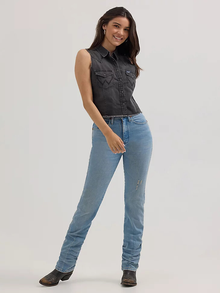débardeur court en denim effiloché wrangler pour femme style western noir effiloché