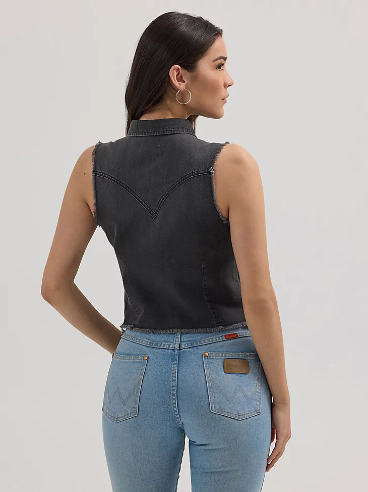 débardeur court en denim effiloché wrangler pour femme style western noir effiloché