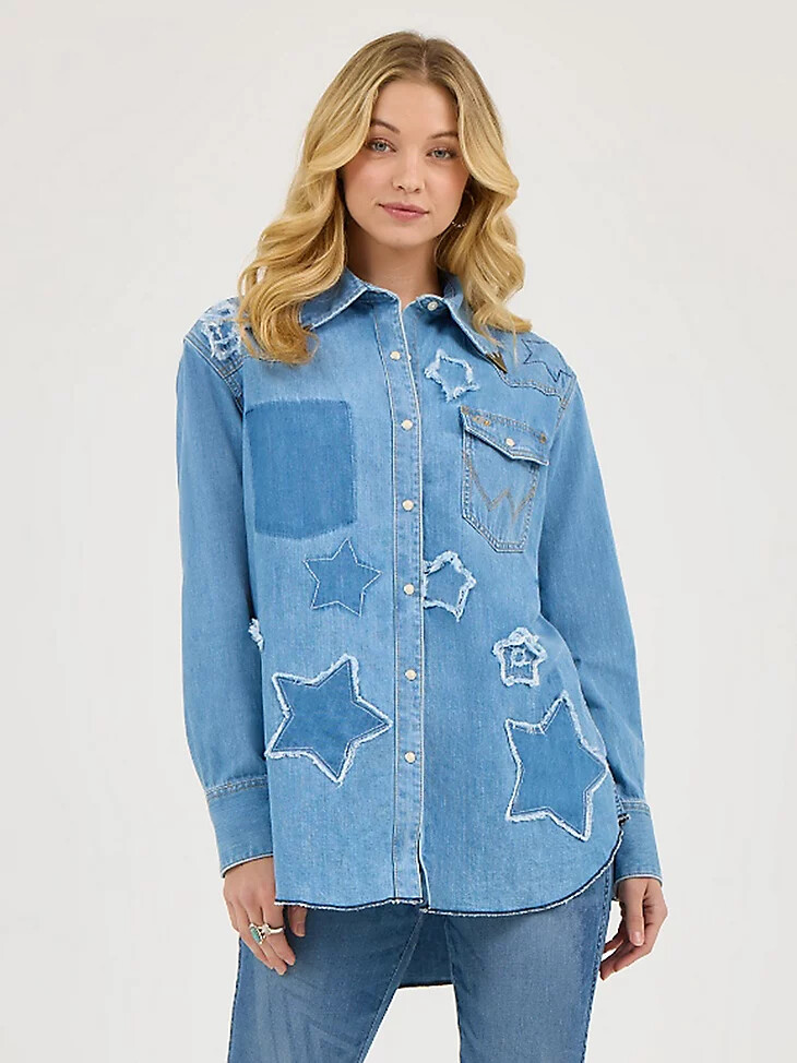 chemise western à boutons-pression wrangler x lainey wilson starry bleu véritable.