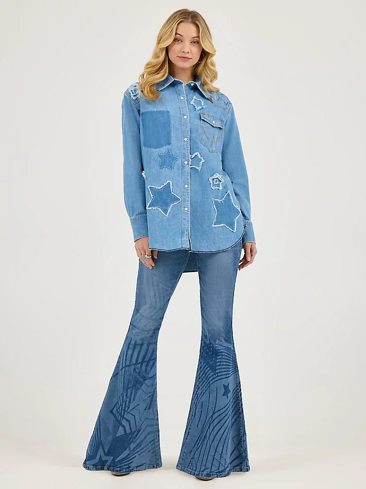 chemise western à boutons-pression wrangler x lainey wilson starry bleu véritable.