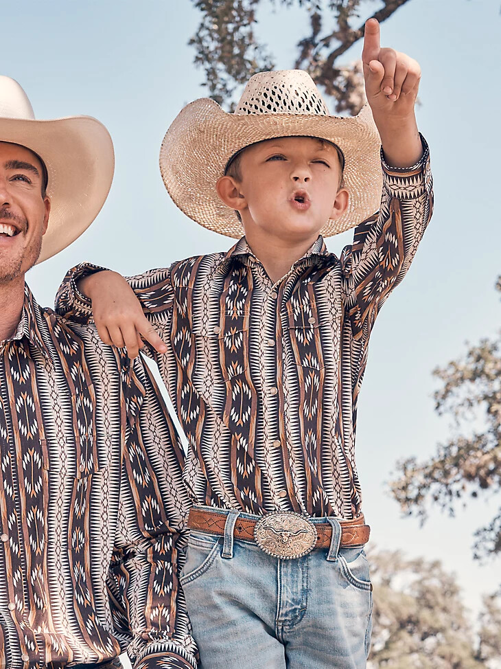 chemise western à manches longues checotah pour garçon à boutons-pression marron chaîne