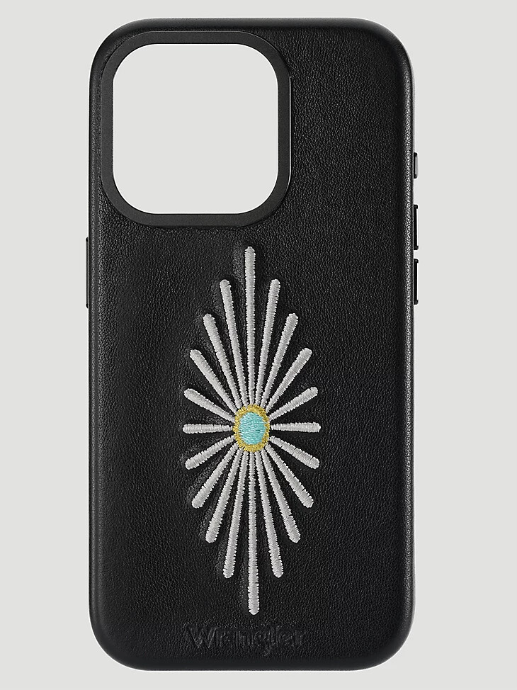 Étui en cuir brodé noir pour smartphone