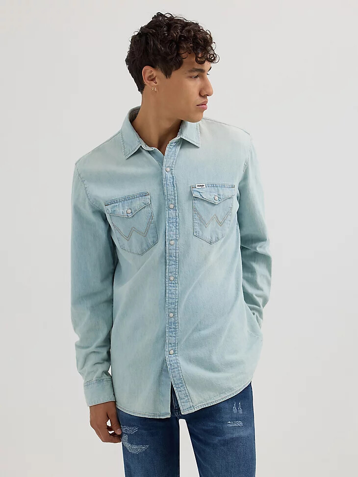 chemise en jean western à manches longues pour homme délavage clair