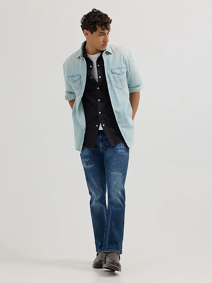 chemise en jean western à manches longues pour homme délavage clair