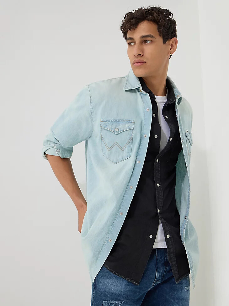 chemise en jean western à manches longues pour homme délavage clair