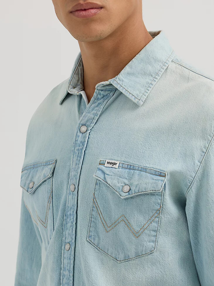 chemise en jean western à manches longues pour homme délavage clair