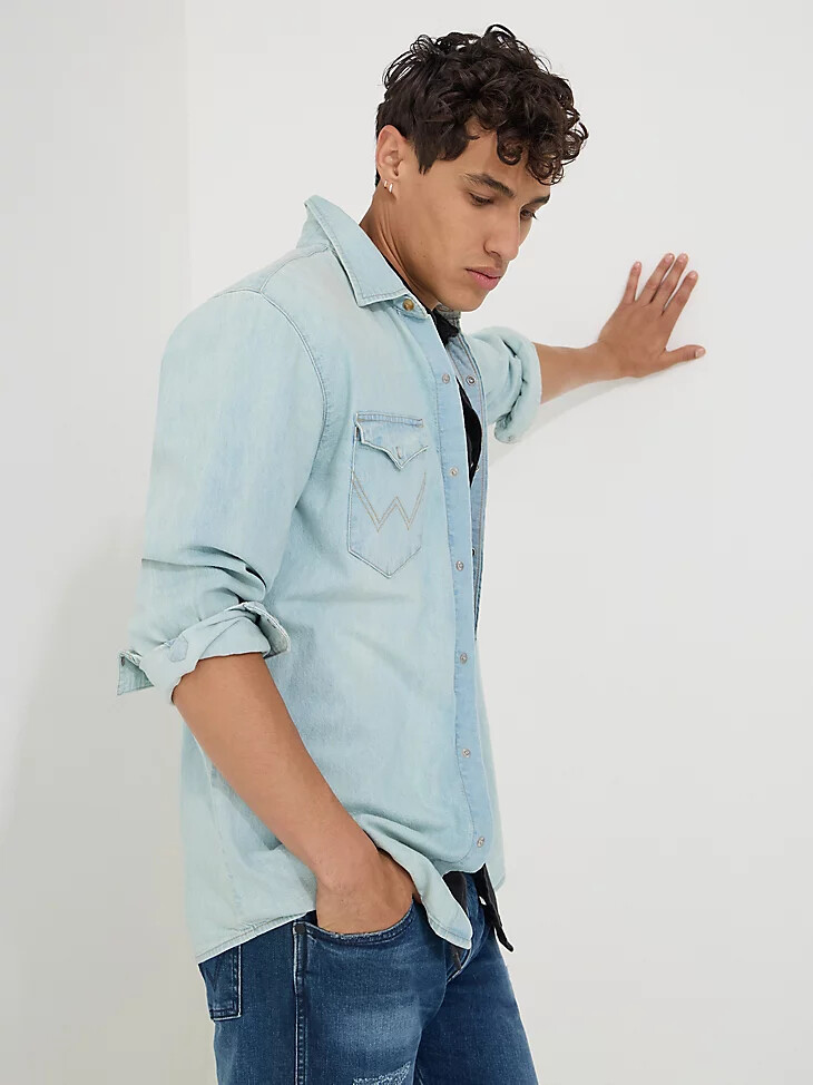 chemise en jean western à manches longues pour homme délavage clair