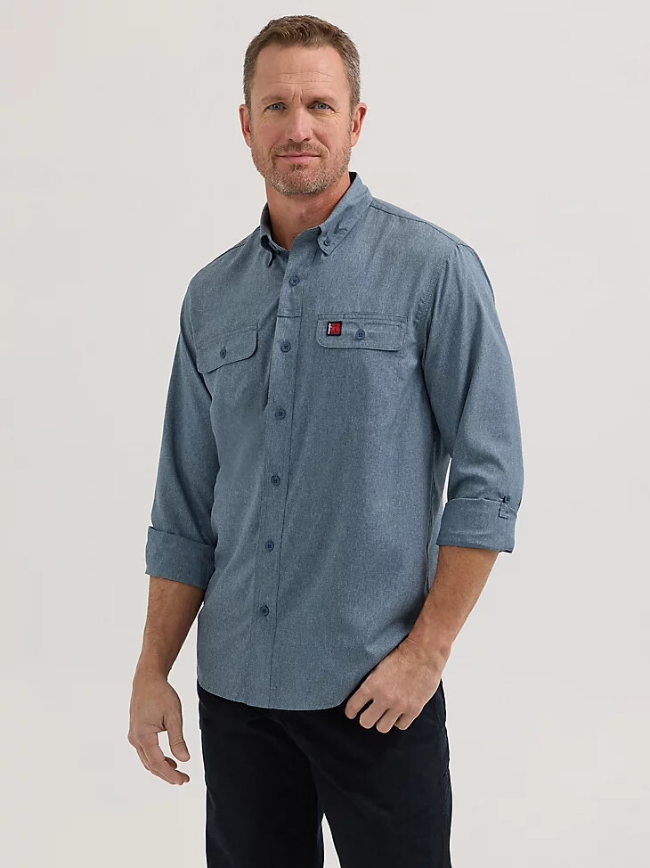 chemise de travail wrangler riggs workwear à manches longues et aérées coloris bleu nuits chiné
