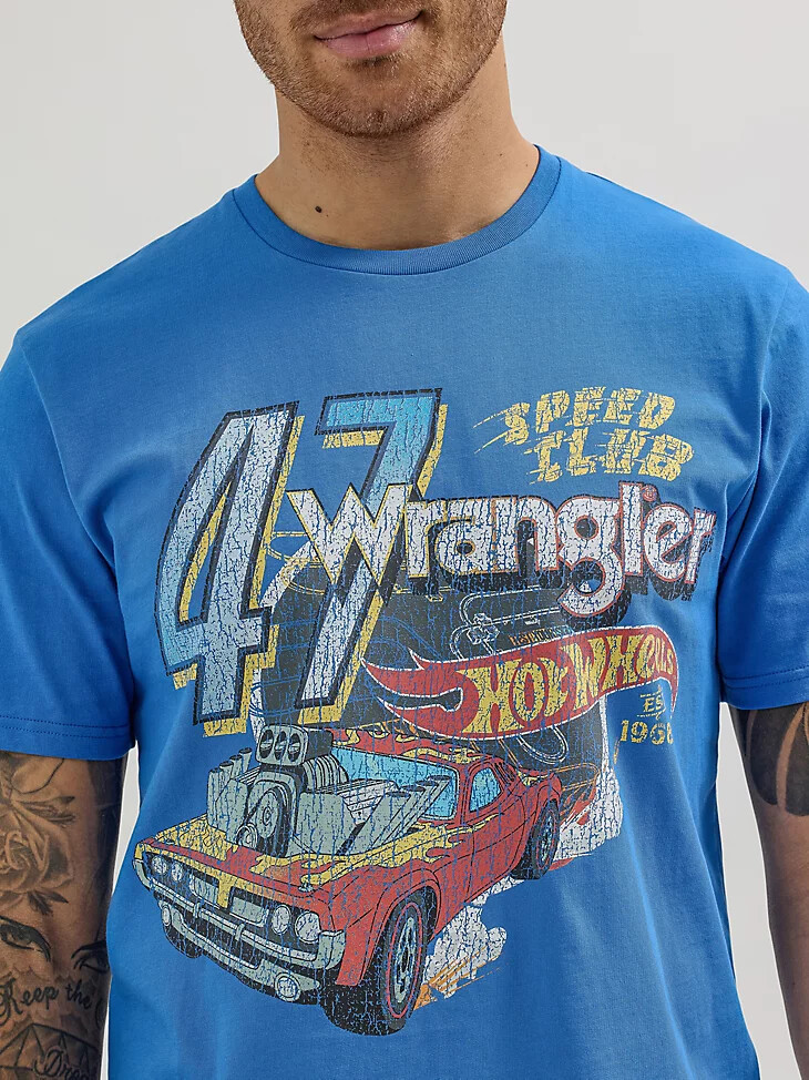 t-shirt bleu wrangler x hot wheels speed club pour homme