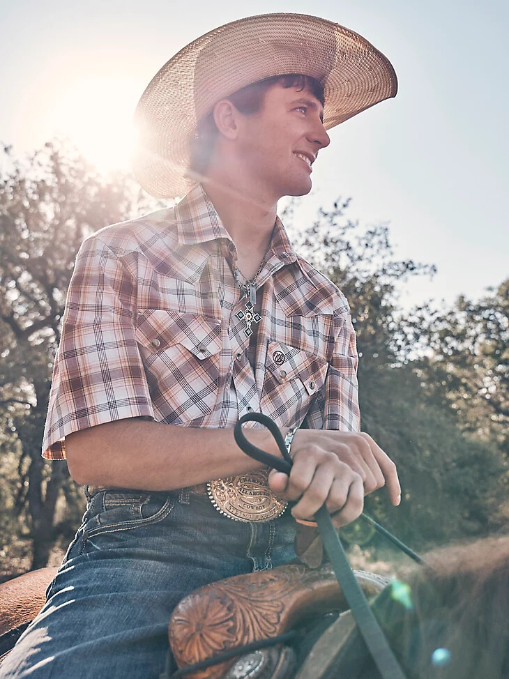 chemise western à manches courtes wrangler retro pour homme poches en dents de scie boutons-pression marron classique