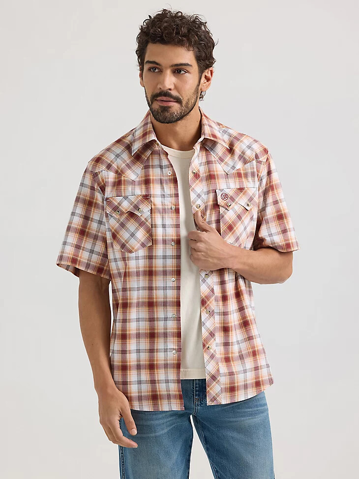 chemise western à manches courtes wrangler retro pour homme poches en dents de scie boutons-pression marron classique