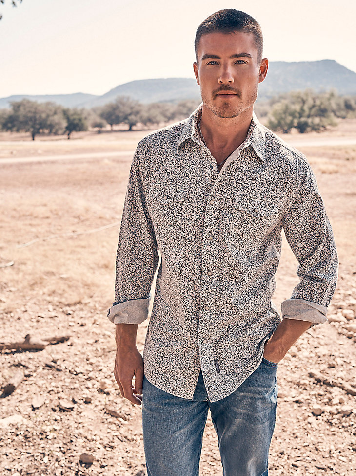 chemise western à manches longues imprimée wrangler retro premium pour homme motif vigne grise