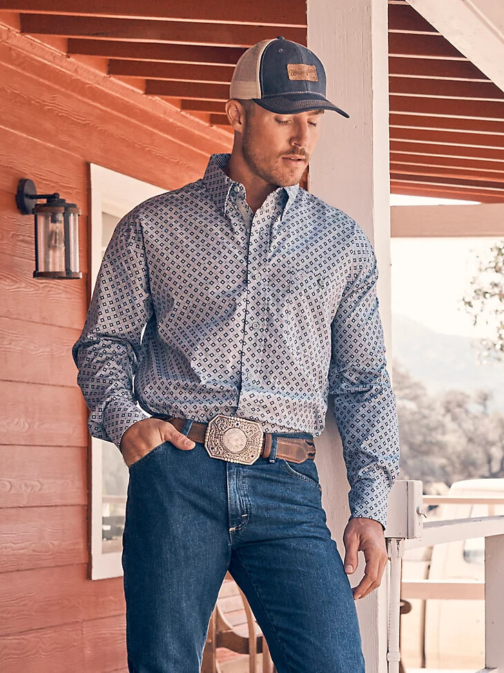 chemise wrangler george strait à manches longues boutonnée une poche bleu chaud diamant