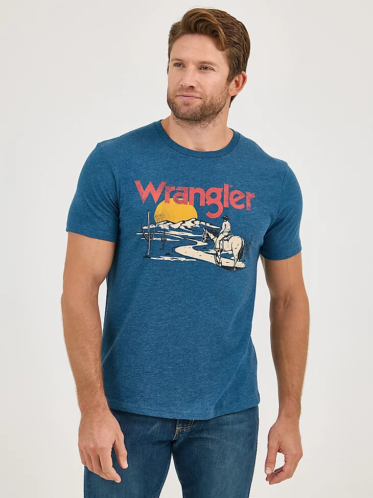 t-shirt graphique cowboy desert pour homme bleu marine style route