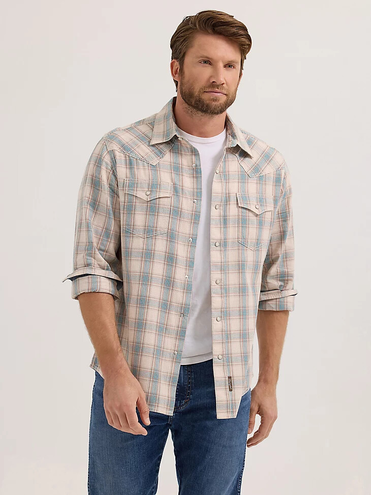 chemise western à carreaux wrangler retro premium à manches longues et boutons-pression pour homme bleu sable