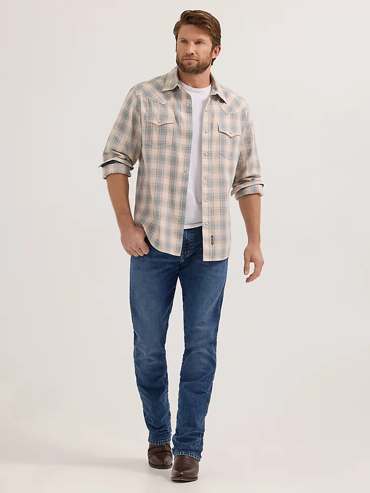 chemise western à carreaux wrangler retro premium à manches longues et boutons-pression pour homme bleu sable