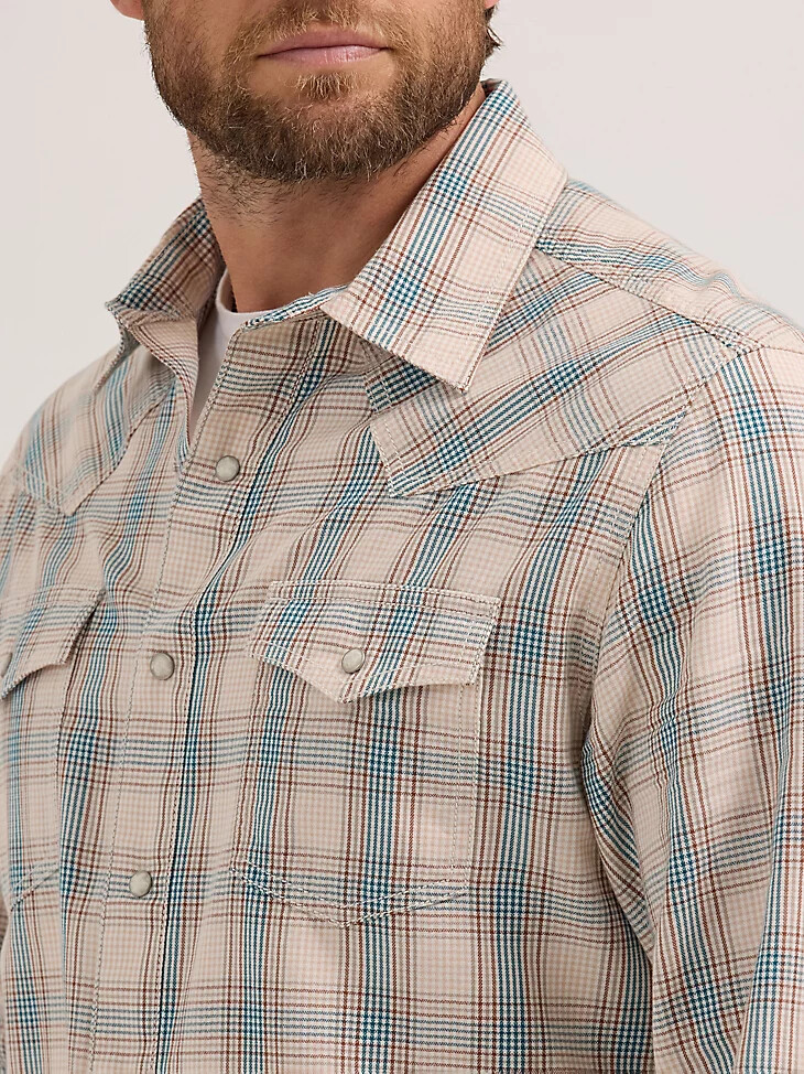 chemise western à carreaux wrangler retro premium à manches longues et boutons-pression pour homme bleu sable
