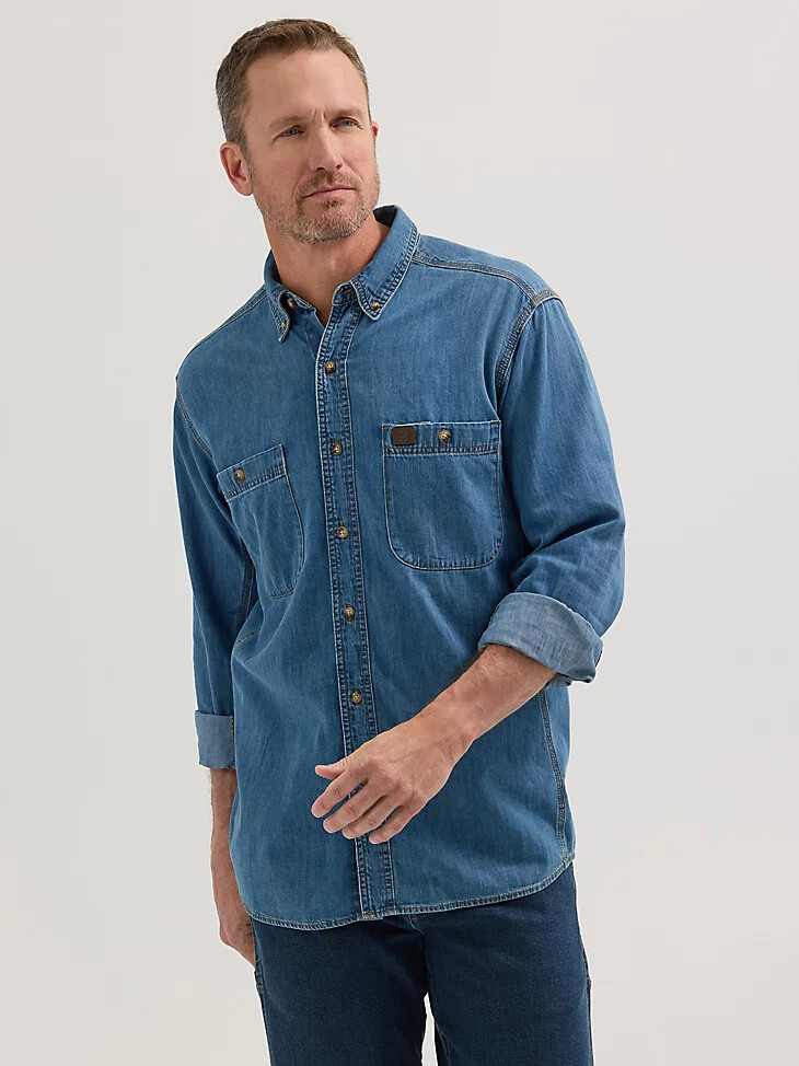 chemise de travail wrangler riggs workwear à manches longues et boutons en denim uni style antique