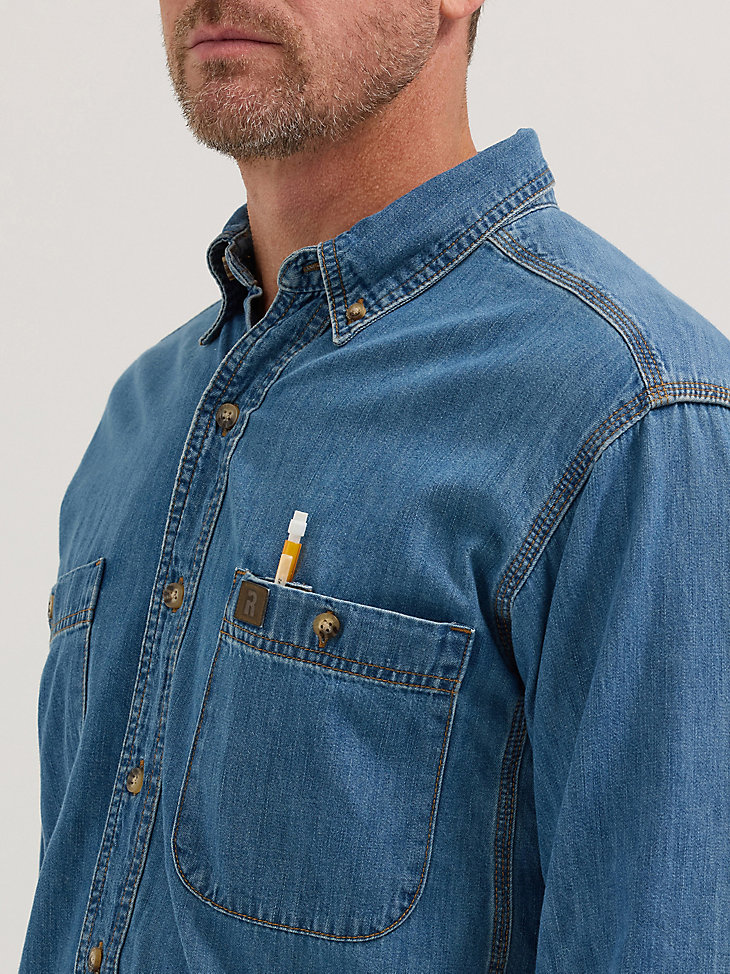 chemise de travail wrangler riggs workwear à manches longues et boutons en denim uni style antique