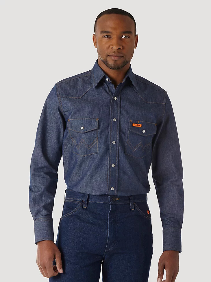 chemise de travail en denim ignifugé à manches longues wrangler fr