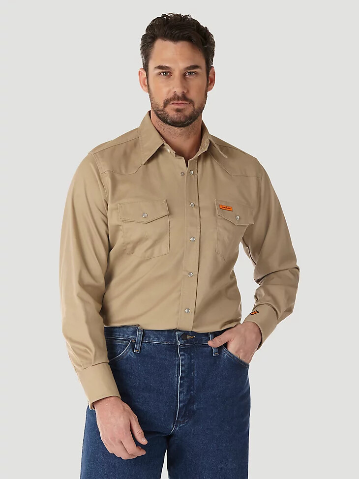 chemise de travail wrangler fr ignifugée à manches longues fermeture à boutons-pression en sergé uni kaki