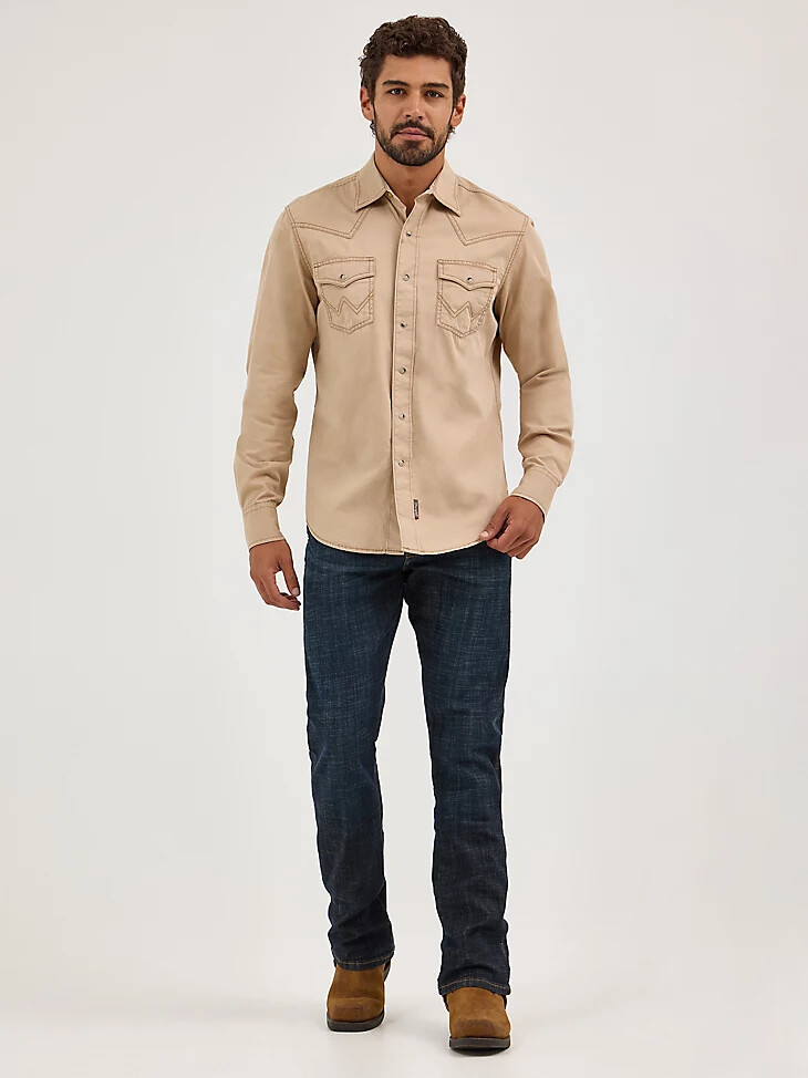 chemise western à boutons-pression wrangler retro premium en sergé teint par pigmentation pour homme couleur fauve